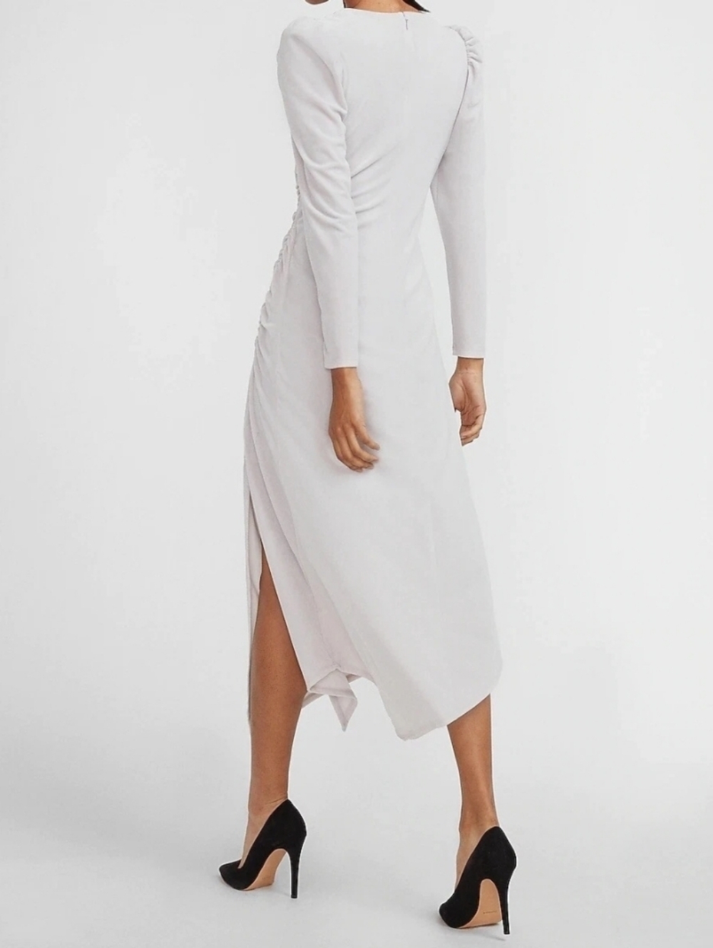 EXPRESS Womens Velvet Ruched Side Asymmetrical Midi Dress S Grey $98 - Picture 3 of 16